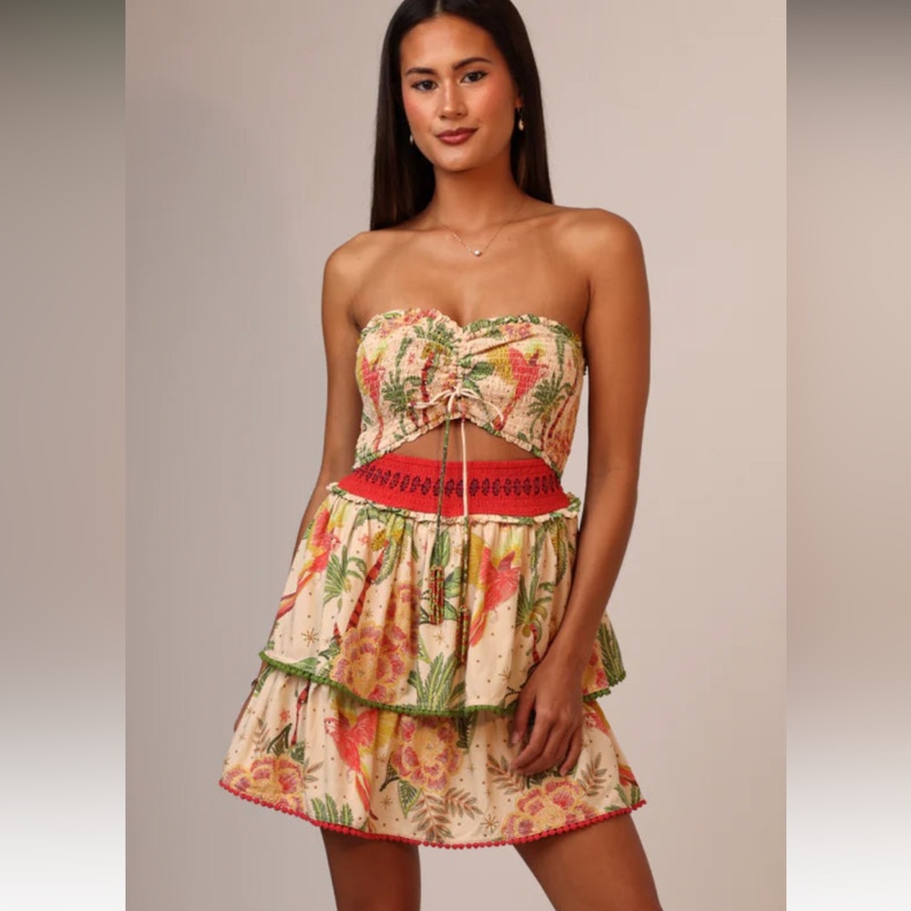 Floral Strapless Mini Dress in Cream and Pink
